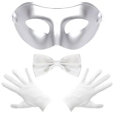 Men's Halloween Masquerade Prom Fancy Dress Face Mask Bow Tie & Short Gloves Set • £8.99