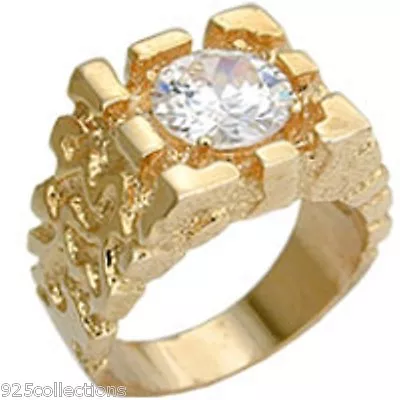 Solitaire Nugget 9 Mm April Clear CZ Birthstone Gold Plated Men's Ring Size 8-15 • $24.99