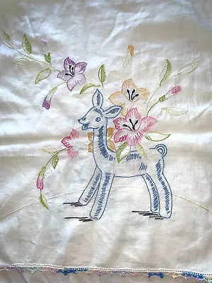 Vtg Fawn Deer Flower Dresser Scarf Hand Embroidered Crochet Edging 14 X 32 • $14.95