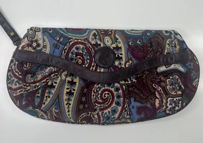 Ebisu Paisley Clutch Wristlet Purple Leather Magnet Snap Fabric Large Boho Chic • $20