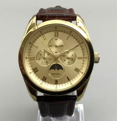 $42.49 • Buy Relic Moon Phase Watch Men Gold  Tone Round Brown Leather Band New Battery