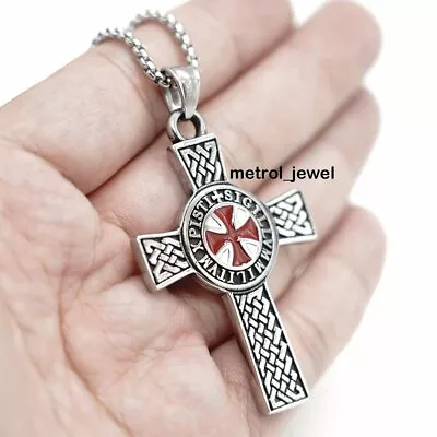 Men's Masonic Knights Templar Crusader Cross Pendant Necklace Stainless Steel • $18.99