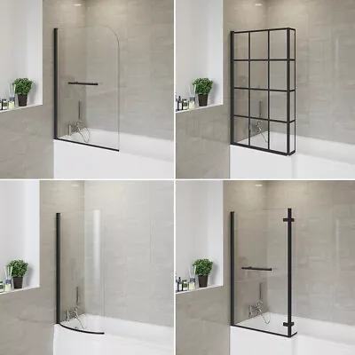 Black Folding Pivot Bath Shower Screen P L Shape Fixed Hingled Glass Door Panel • £83.95