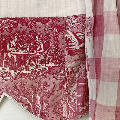 Antique French Vichy Check Pink Red + Toile Linen Homespun Valance Textile Coun • $225