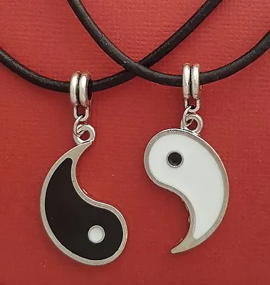 Yin Yang Necklaces Leather 2 Pendants Share White Black Ying Friendship Couple • $15.95