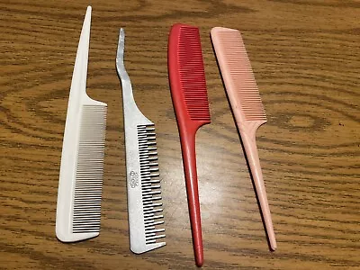 4 VINTAGE Canada  ALUMINUM RAT TAIL COMBS  BARBER BEAUTICIAN Metal Pink Red PLUS • $13.99