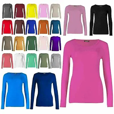 Womens Ladies Long Sleeve Stretch Plain Scoop Neck T Shirt Top Assorted 8-26 • £6.85
