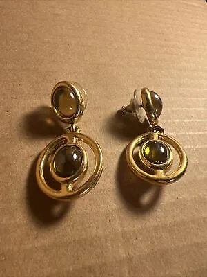 Vintage Signed MONET Gold Tone Glass Cabochon Dangle Drop Earrings • $15