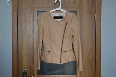 ZARA Peplum Frill Leather Biker Jacket Coat Camel Nude Sold Out Blogger Sz XS/S • $87.20