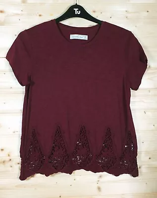 Abercrombie & Fitch Dark Burgundy Slub Jersey Crochet Lace Hem T-shirt M/10-12 • £5