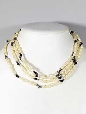 Vintage Ivory Color Faux Pearl Black Bead Long Strand Necklace 66 Inches • $6.99