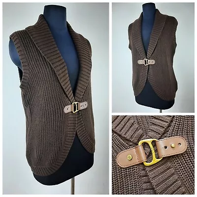 Ralph Lauren Cardigan Sleeveless Jumper Size L 12-14 Knitted Cotton Brown Vest • £16.99