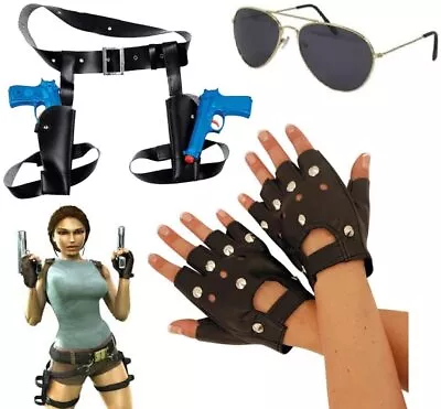 Lara Croft 3pc Set (Holster W/Guns Glasses & Gloves) Tomb Raider Fancy Dress • £19.45