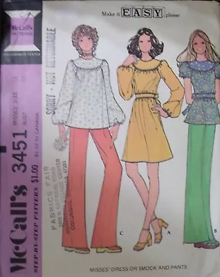 1972 Uncut Sewing Pattern SMOCK TOP/DRESS Pants ~ Size 14 (26) ~ McCall’s 3451 • $7.98