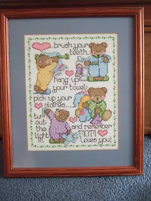 Teddies Brush Your Teeth Finished Framed Counted Cross Stitch 14 X 12 Inch Appx • £7
