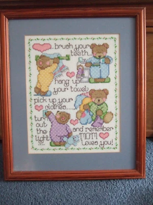 Teddies Brush Your Teeth Finished Framed Counted Cross Stitch 14 X 12 Inch Appx • £7