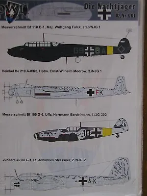 1/48 OWL Decals DIE NACHTJAGER: Bf 110E Bf 109G He 219 Ju 88G Night Ftrs. OOP • $14.99