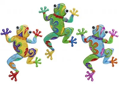 3 X Colourful Frog Metal Garden Wall Hanging Fence Ornament Decoration 19cm • £8.99