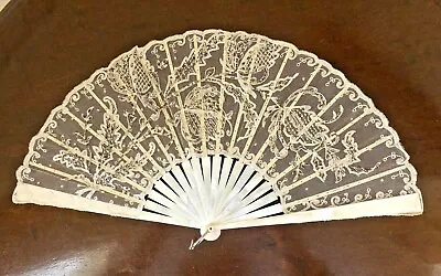 Antique 19th Century Point De Gaze Belgian Lace With Sequins Pearl Hand Fan • $115