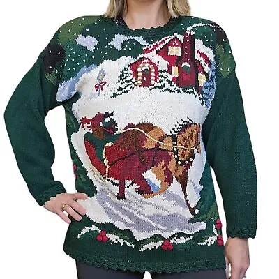 90s Christmas Holiday M/L Handknit Sweater Chunky Horse Sleigh Ride Nature Scene • $39.99