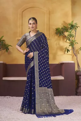 Designer Navy Blue Zari Weaving Viscose Work Sari Georgette Wedding Wear Saree • $86.95