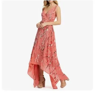 Mac Duggal 10524D Coral Peach Handkerchief Skirt Sequin Dress V Neck Size 2 • $275
