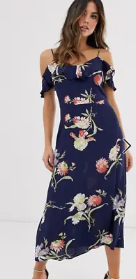 $45 • Buy ASOS Warehouse Midi Dress With Draped Cold Shoulder Sleeves, Blue Floral, Size18