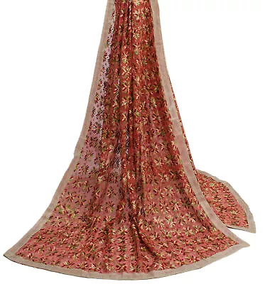 Sushila Vintage Peach Dupatta Blend Chiffon Silk Phulkari Embroidered Long Stole • $34.49
