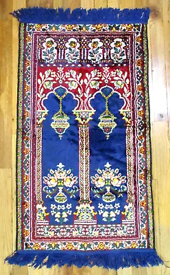 Vintage Blue Velvet Tapestry Area Rug Wall Hanging Prayer Accent Moroccan 21x37 • $29.99