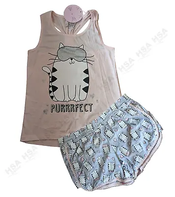 £8.49 • Buy Girls Cat Purrrfect Cute Pyjamas, Nightwear, 2 Piece Shortie PJs Birthday Gift