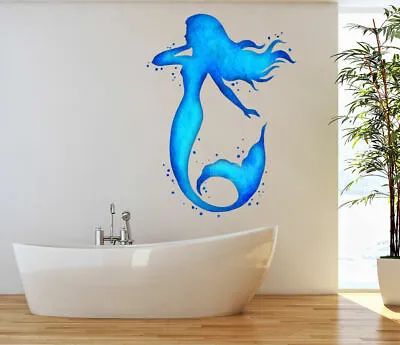 Blue Mermaid Wall Decal Ocean Mermaid Wall Watercolors Bathroom Wall Decal LB17 • $54.95