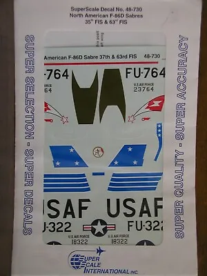 1/48 SuperScale NORTH AMERICAN F-86D SABRES: 35th & 63rd FIS Colorful Decals OOP • $11.99