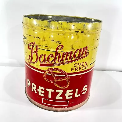 VTG Antique Large Bachman Pretzels Large Tin Can Oven Fresh Advertising AD Food • $16.87