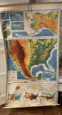 VINTAGE NYSTROM PULL DOWN ROLL UP WALL MAP US 1960 PICTORIAL RELIEF Color • $34.99