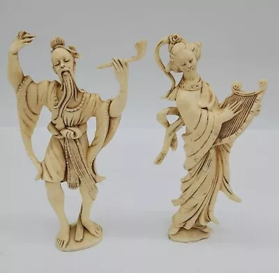 Vintage Lot Of 2 Depose Resin Oriental Figurines Harp Pipe Damaged  • $33.97