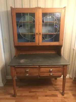 Antique Pine Hoosier Cabinet W Stained Glass Doors Tin Counter & Drawer Linings • $775