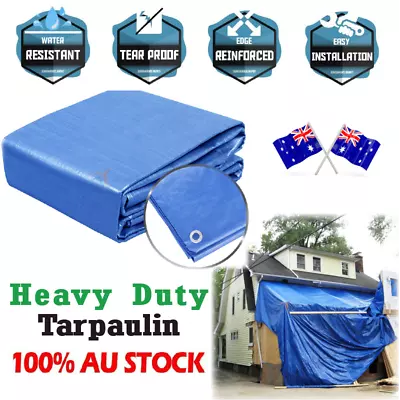 Blue Tarpaulin Tarp Canvas Waterprood Camping Poly Tarps Cover Sheet Truck UV PE • $28.69