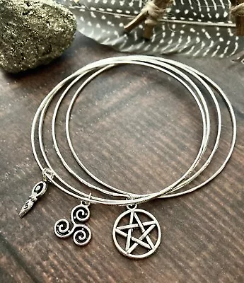 Witch Bracelet Bangles Silver X4 Witchy Pagan Charms Hippy Boho Wiccan Pentagram • £3.99