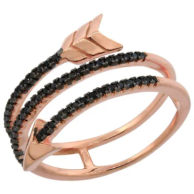 Sterling Silver Rose Gold Plated Arrow Ring W/ Micro Pave Black CZ Stones • $35.99