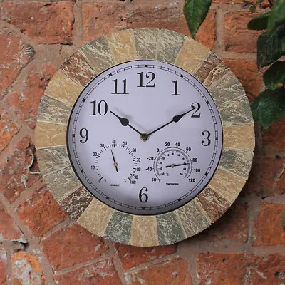 Slate Effect Garden Wall Clock With Thermometer & Hygrometer Home Indoor Outdoor • £19.95