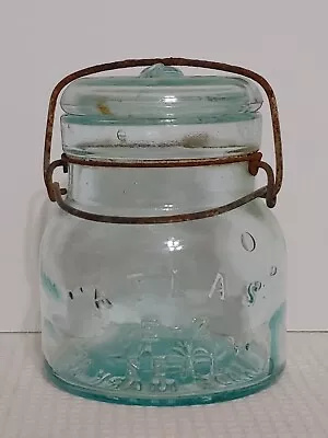 Vintage ATLAS E-Z Seal TradeMark Aqua Glass Squatty Pint Wire Bail Fruit Jar • $9.99