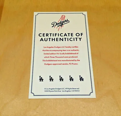 CERTIFICATE ONLY ~ Vin Scully 2012 Dodgers Talking Bobblehead SGA ~ CERT ONLY • $89.95