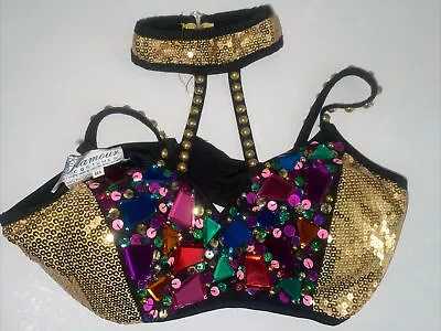 Glamour Costumes Gold Sequined Bra Collared Neck Costume Dance Theater Cosplay • $12