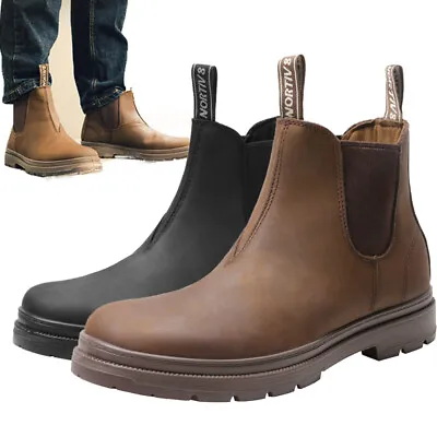 Men's Slip On Chelsea Boots Leather Lightweight Motorcycle Combat Work Shoes • $27.99