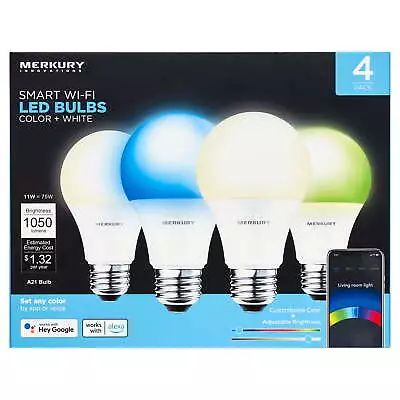 Merkury Innovations Dimmable 75W Equivalent Wi-Fi Smart Bulb Color (4 Pack) • $28.89