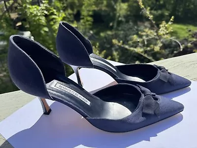 MANOLO BLAHNIK 37 Navy  Heel Mules Slides Shoes Bows Vintage Size 39 Pre Owned • £40.21