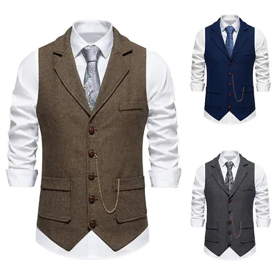 Men's Herringbone Tweed Suit-Vest Vintage Lapel Single-Breasted Waistcoat Tops • $29.43