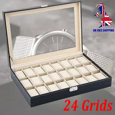 24 Grid Watch Storage Case Jewelry Collection Display Box Glass Top Holder Boxes • £22.47