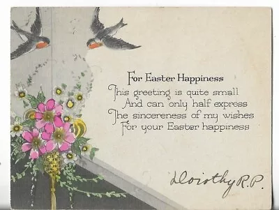 Vtg EASTER CARD-apx 4.5x3.5 ART DECO For Easter Happiness 2 Birds Pink Flowers • $3.63