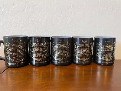 Vintage Federal Glass Zodiac Astrology Coffee Mug Set Black/Gold Over Milk Glass • $62